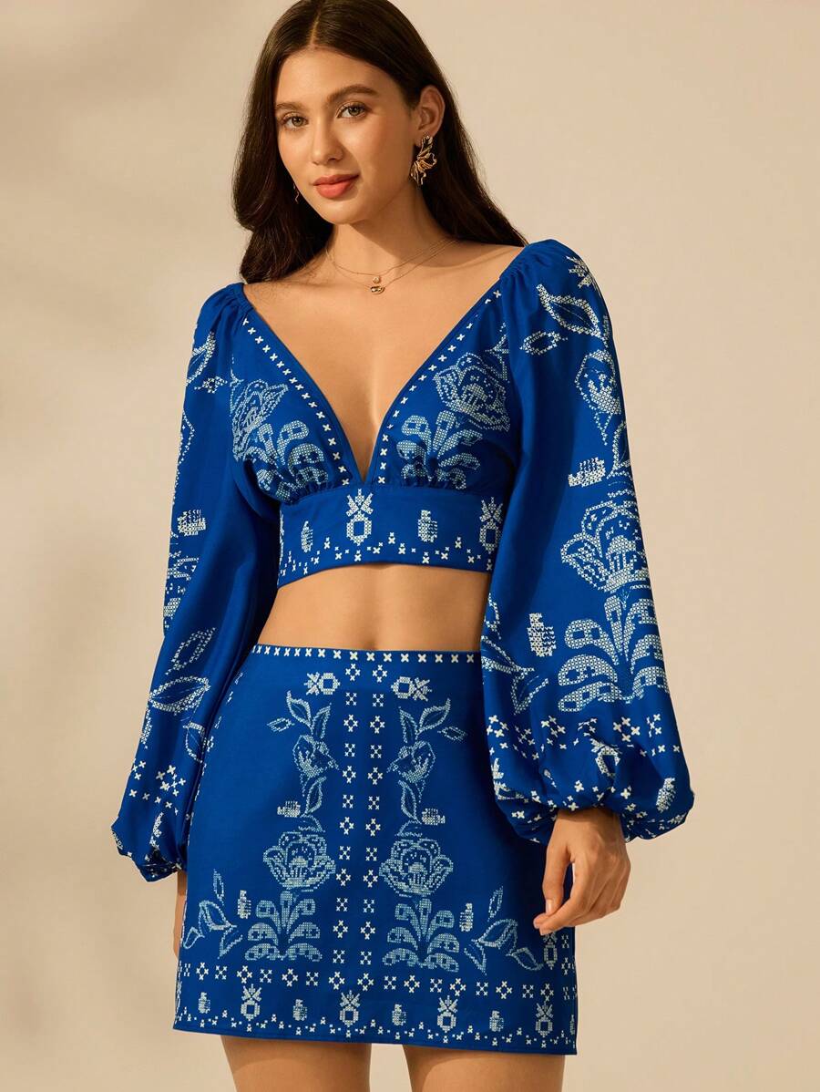 Falda Mini Boho Bordada "Azul Vintage"